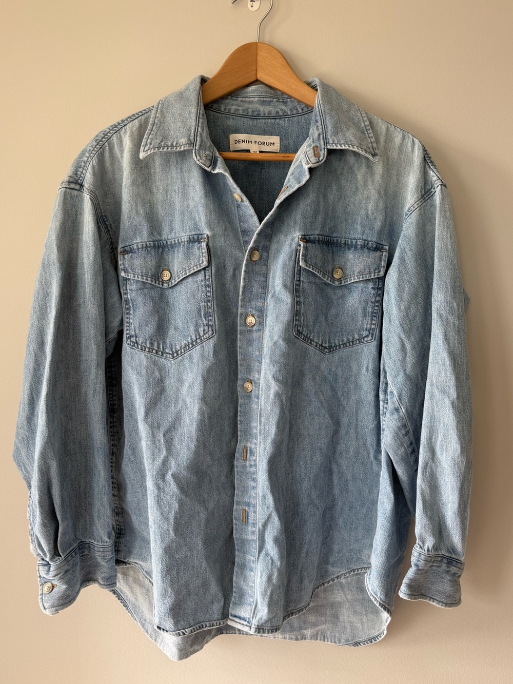 Denim Forum Men's Light Wash Blue Denim Button-Up Shirt